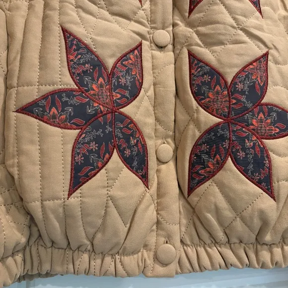 100% Cotton Quilted Appliqué Floral Short Boxy Jacket Womens Large Grandma Boho