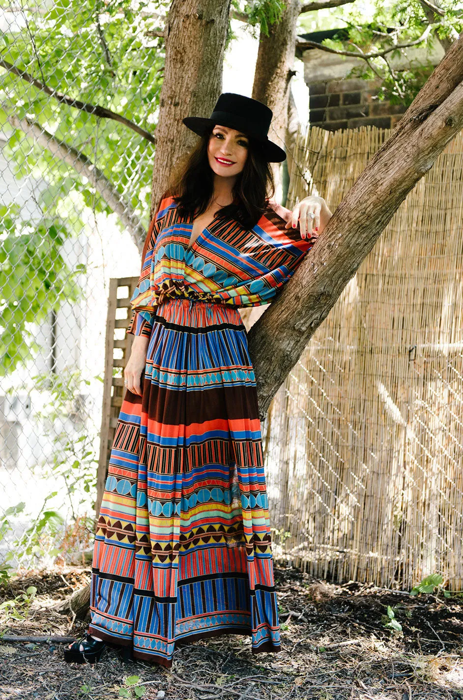 1970s Gottex Plunging Striped Wrap Caftan Dress