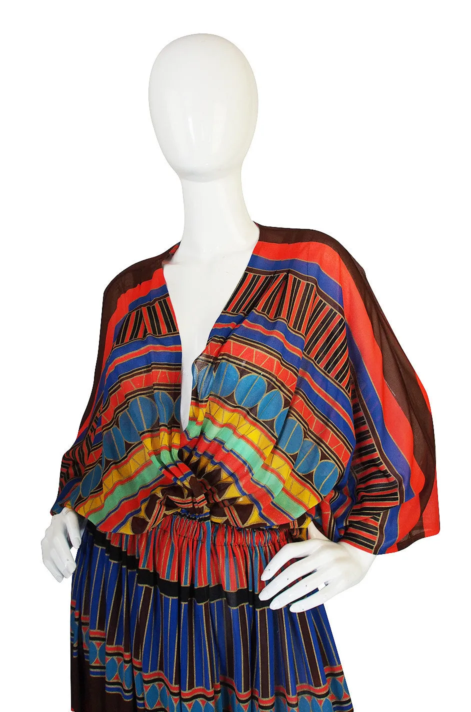 1970s Gottex Plunging Striped Wrap Caftan Dress