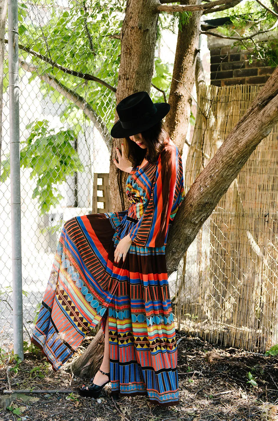 1970s Gottex Plunging Striped Wrap Caftan Dress