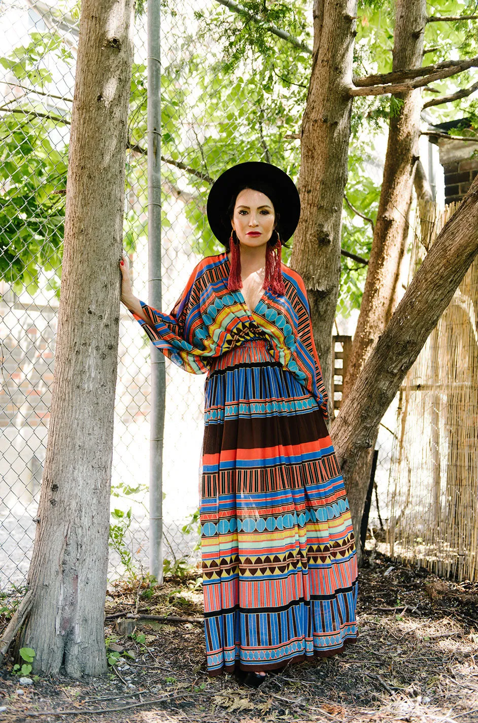 1970s Gottex Plunging Striped Wrap Caftan Dress