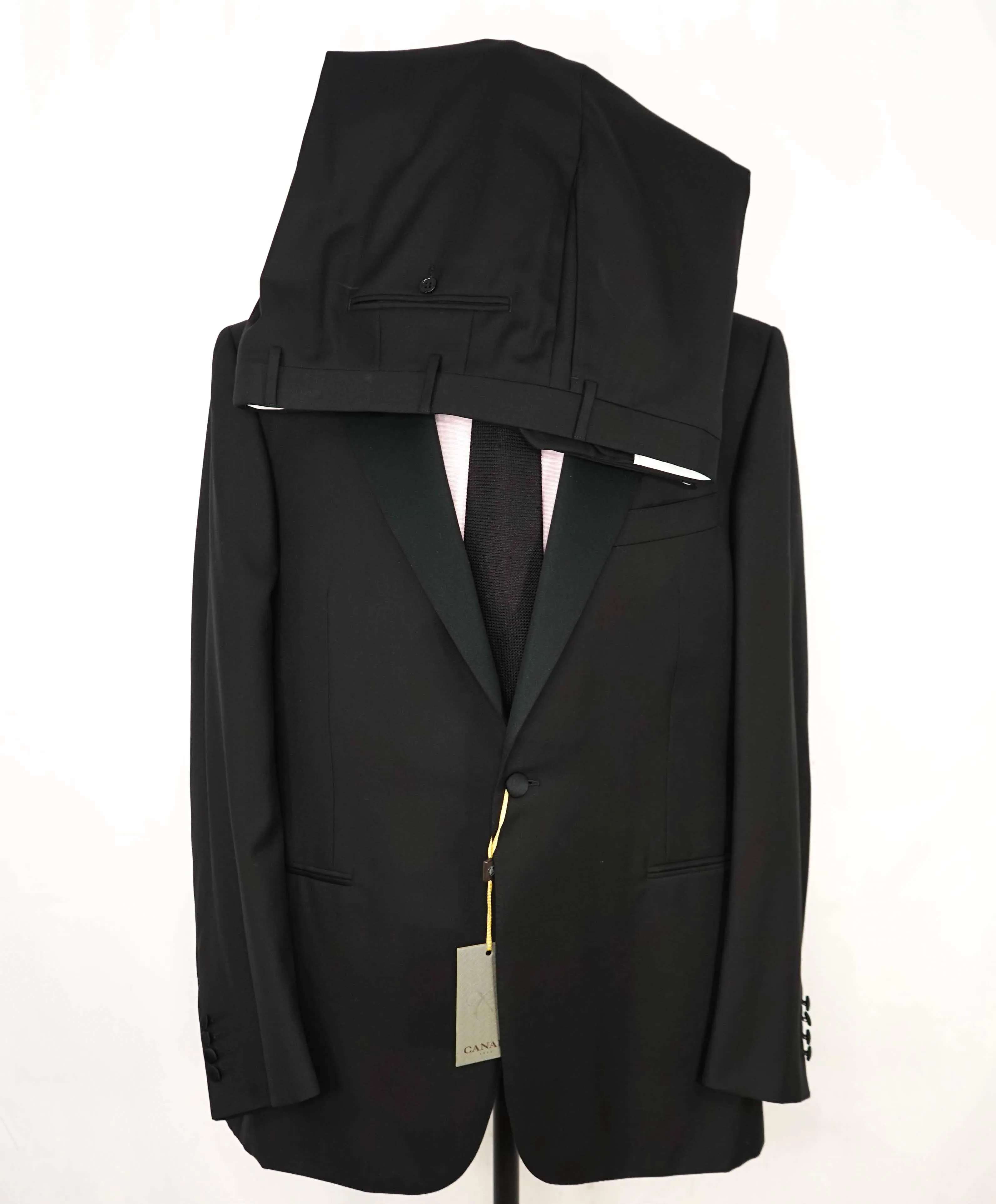$2,195 CANALI - Black *CLOSET STAPLE* Peak Lapel Tuxedo Suit - 48L