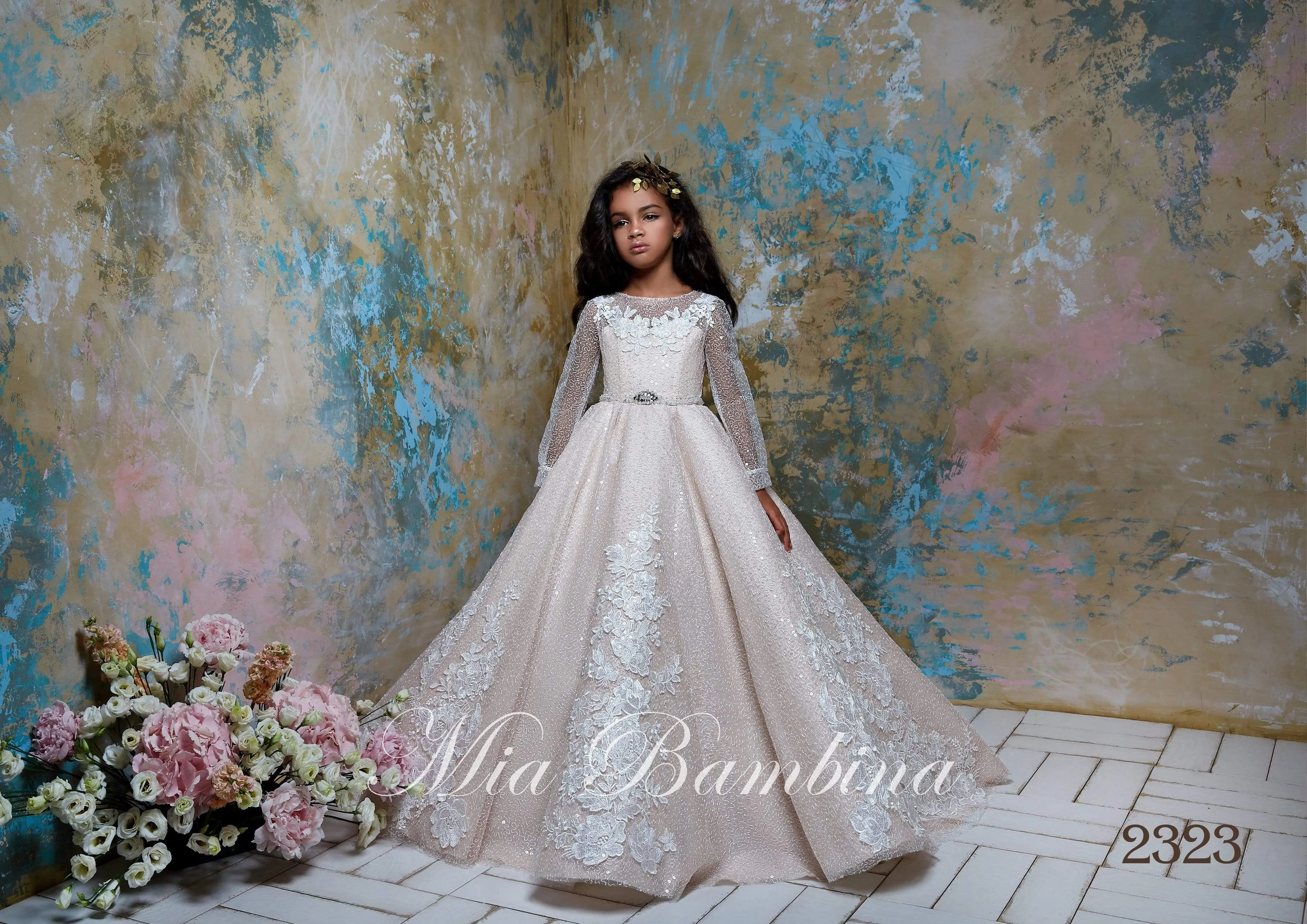 2323 Flower Girl Sparkly Long Sleeve Beaded Tulle Princess Ball Gown