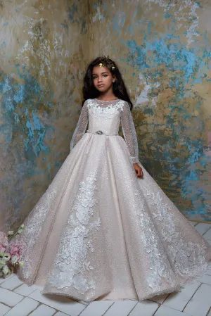 2323 Flower Girl Sparkly Long Sleeve Beaded Tulle Princess Ball Gown