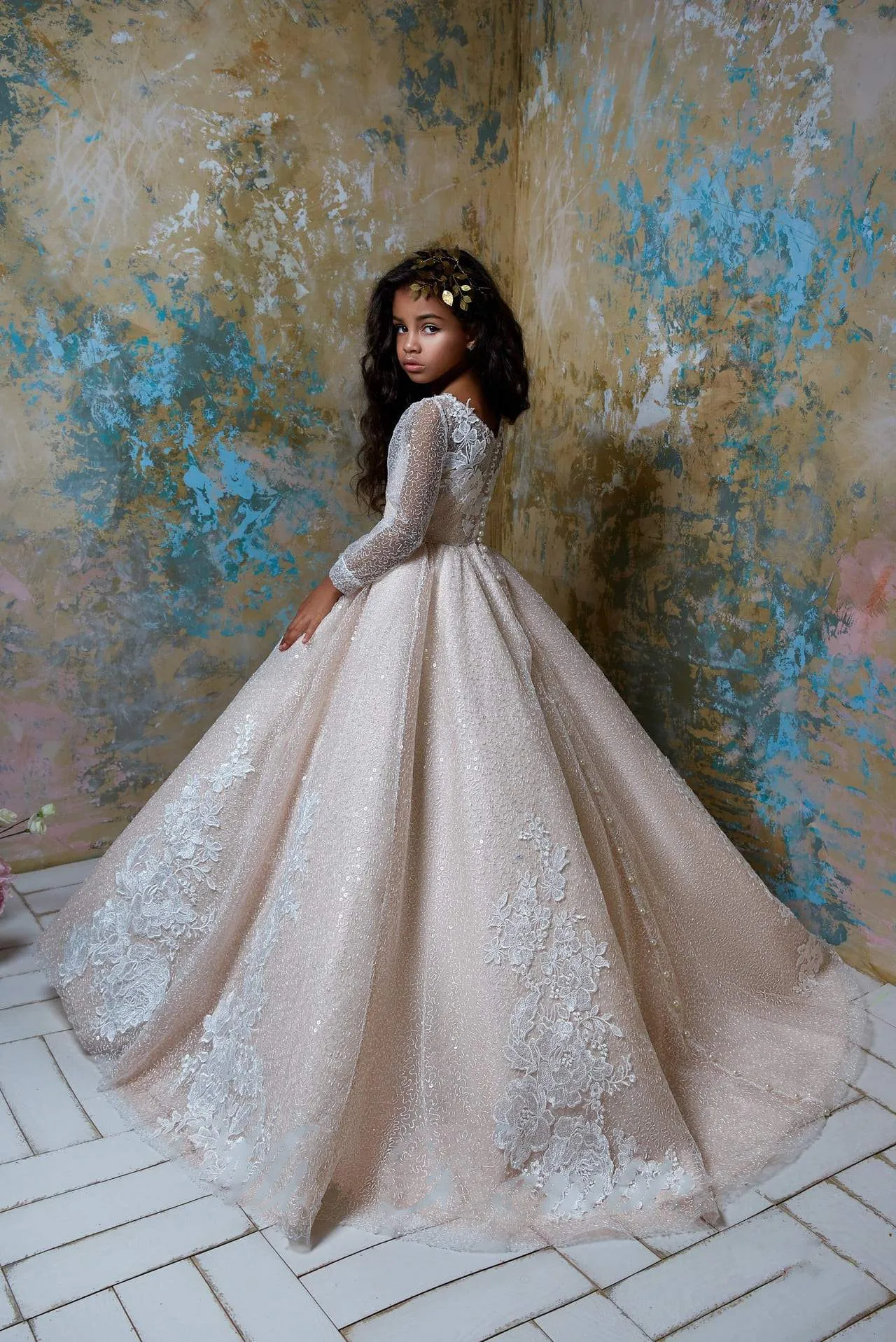 2323 Flower Girl Sparkly Long Sleeve Beaded Tulle Princess Ball Gown