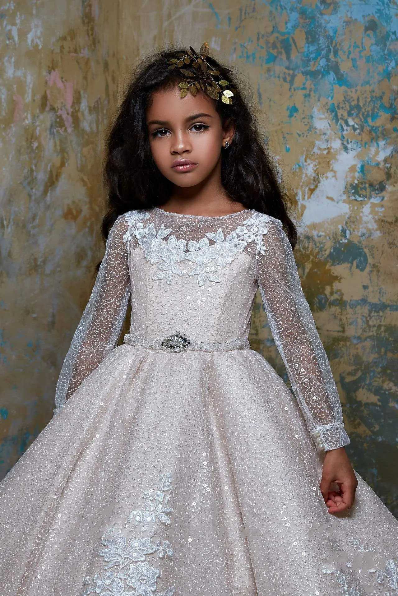 2323 Flower Girl Sparkly Long Sleeve Beaded Tulle Princess Ball Gown