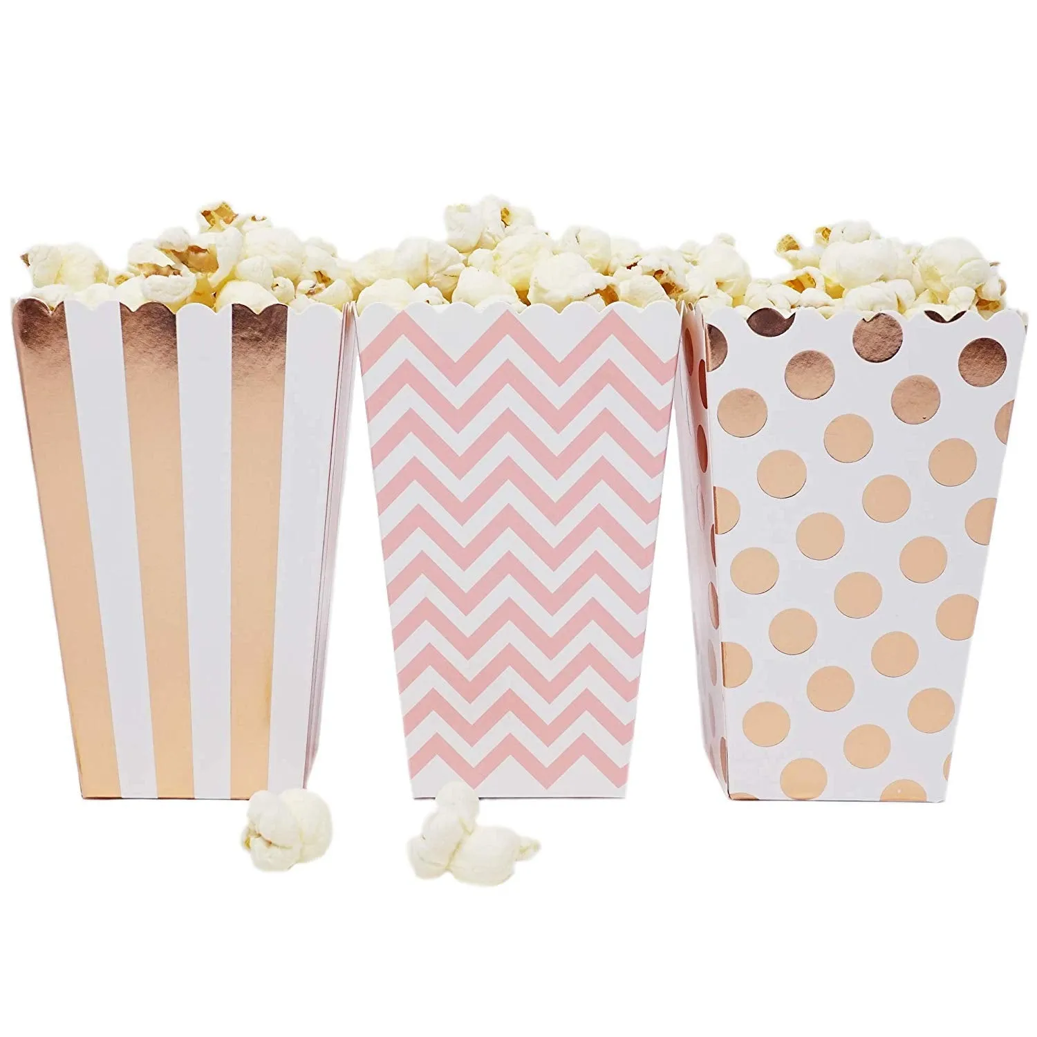 36 Rose Gold Pink White Polka Dot Stripe Chevron Mini Popcorn Party Favor Boxes