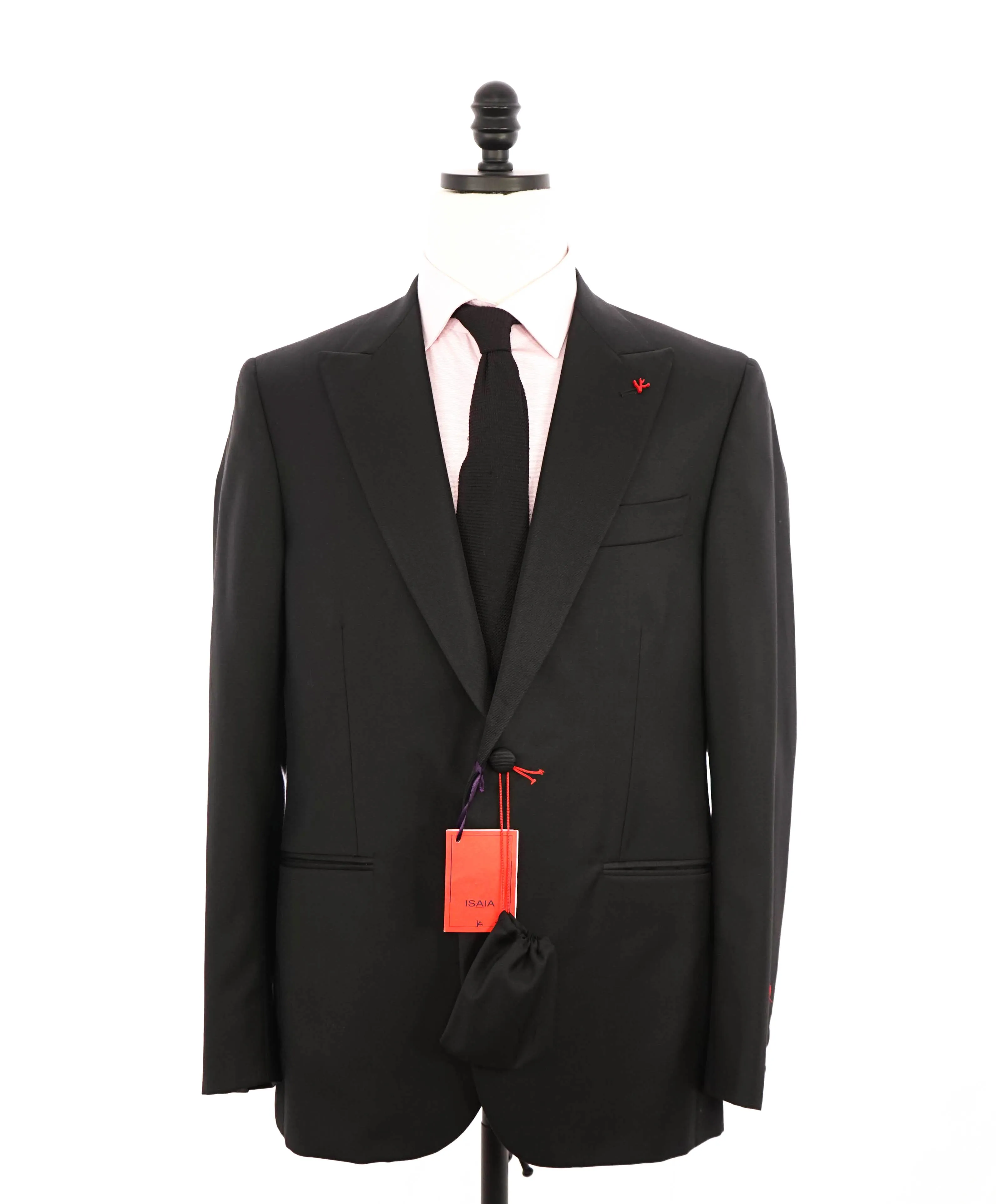 $4,595 ISAIA - "AQUASPIDER" Satin PEAK LAPEL Black Wool Tuxedo - 36S