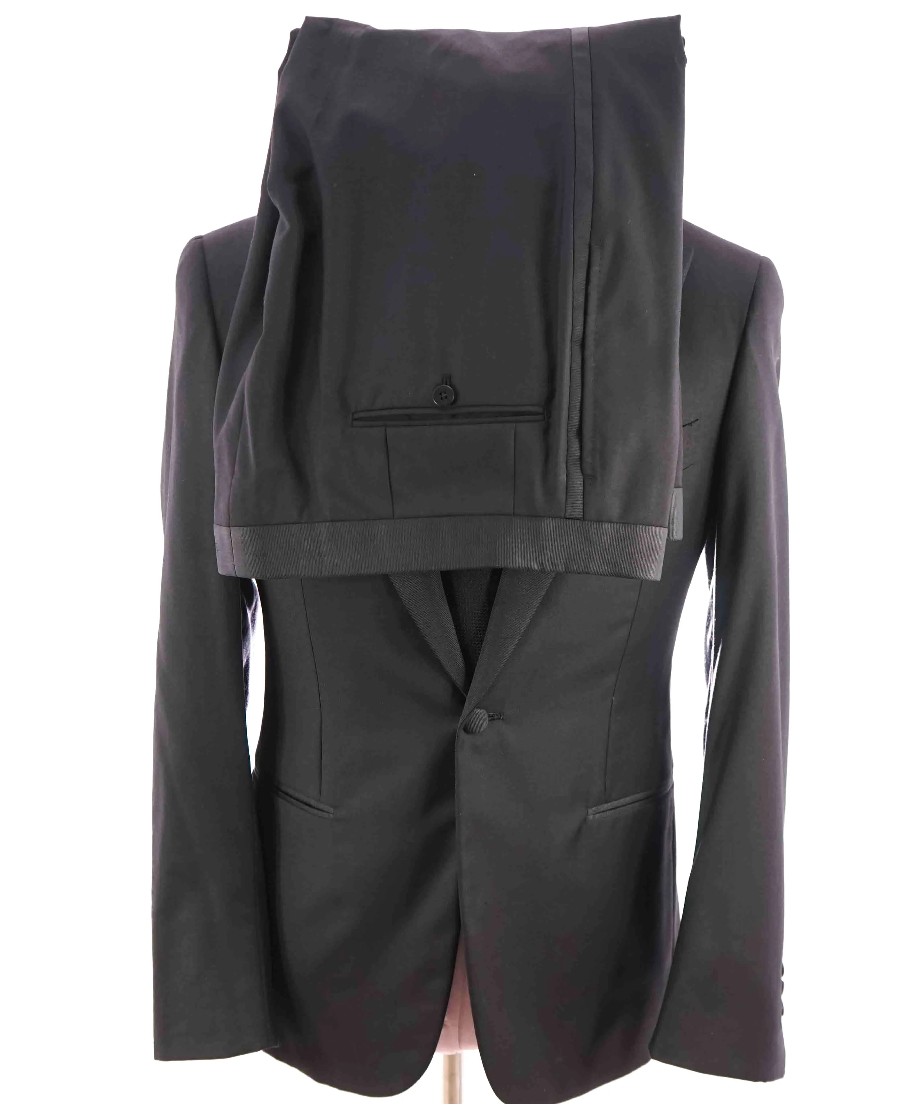 $4,595 ISAIA - "AQUASPIDER" Satin PEAK LAPEL Black Wool Tuxedo - 38S