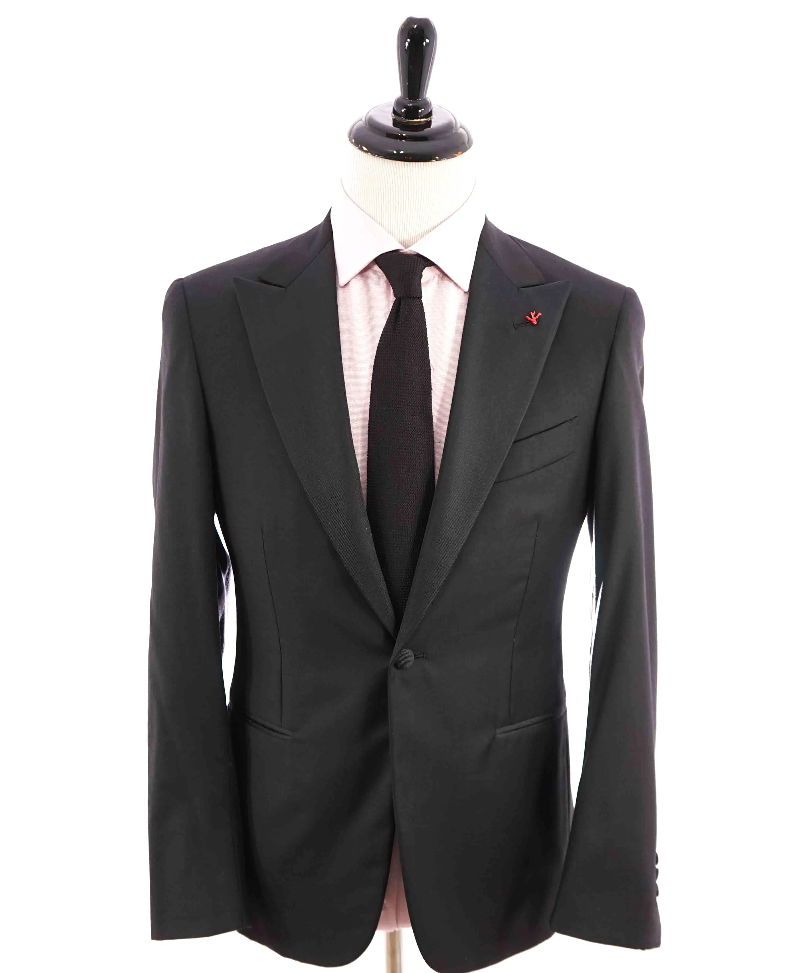 $4,595 ISAIA - "AQUASPIDER" Satin PEAK LAPEL Black Wool Tuxedo - 38S