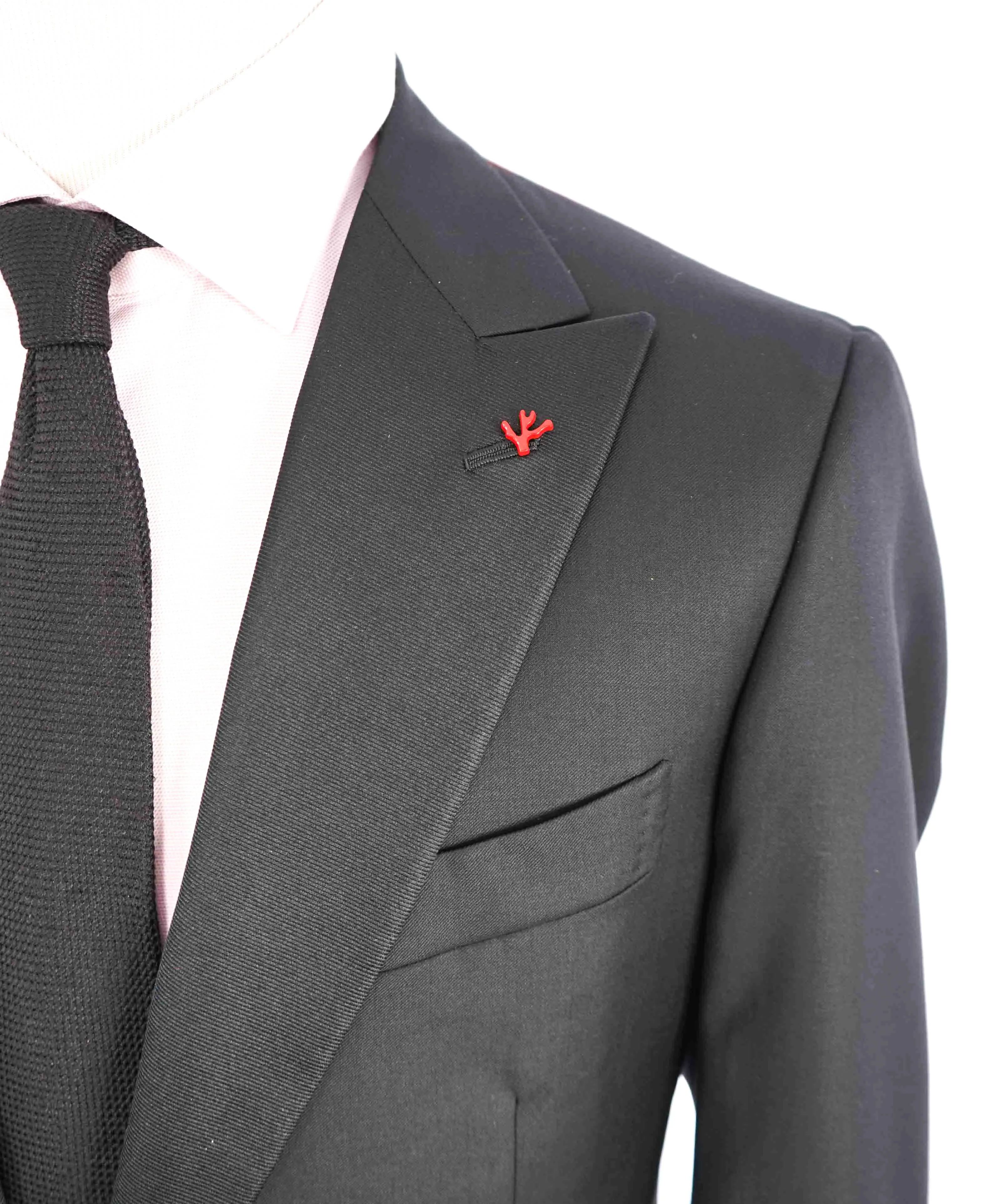 $4,595 ISAIA - "AQUASPIDER" Satin PEAK LAPEL Black Wool Tuxedo - 44L