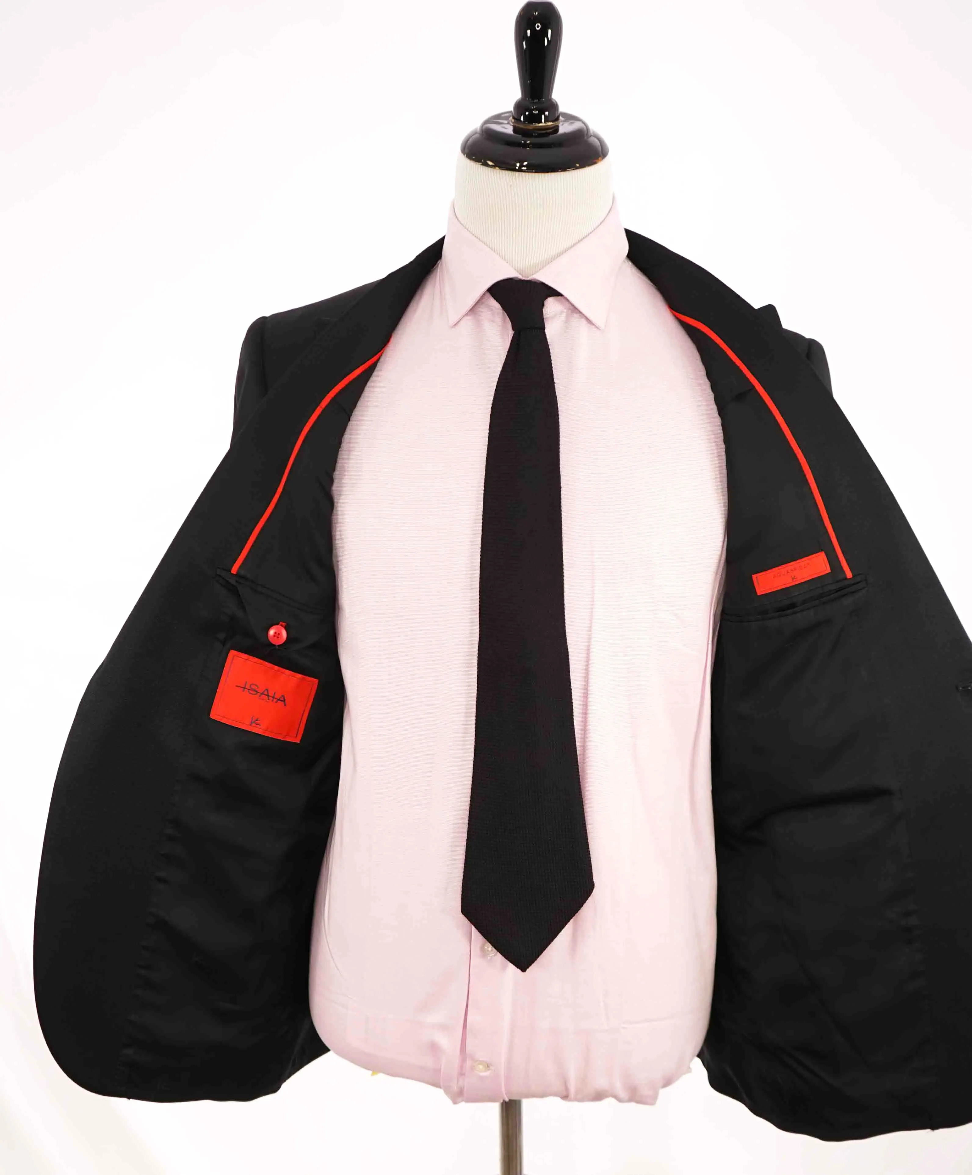 $4,595 ISAIA - "AQUASPIDER" Satin PEAK LAPEL Black Wool Tuxedo - 44L