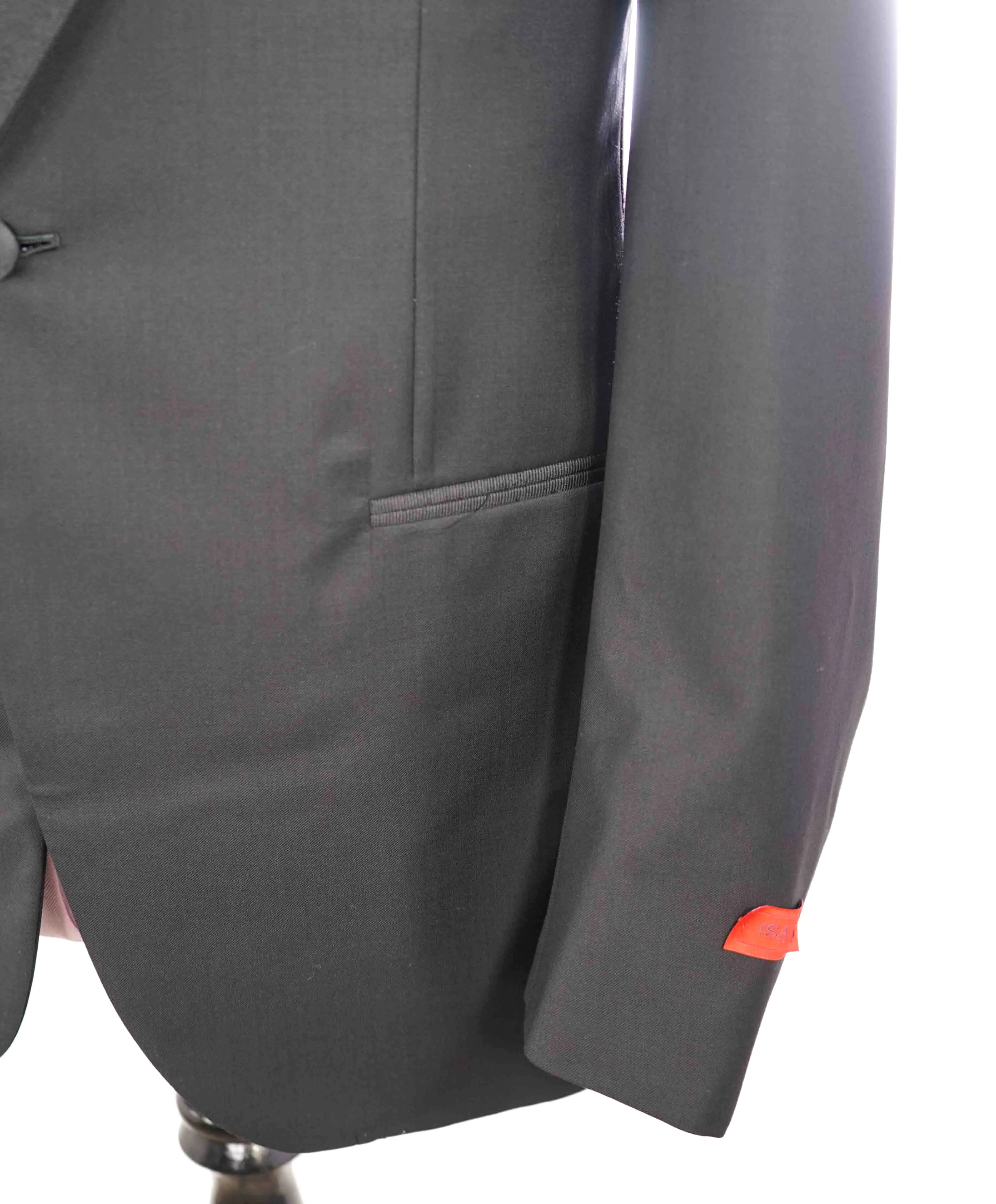 $4,595 ISAIA - "AQUASPIDER" Satin PEAK LAPEL Black Wool Tuxedo - 44L