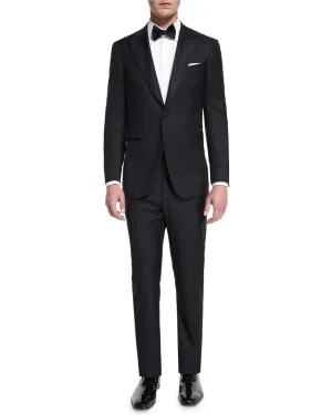 $4,595 ISAIA - "AQUASPIDER" Satin PEAK LAPEL Black Wool Tuxedo - 44L