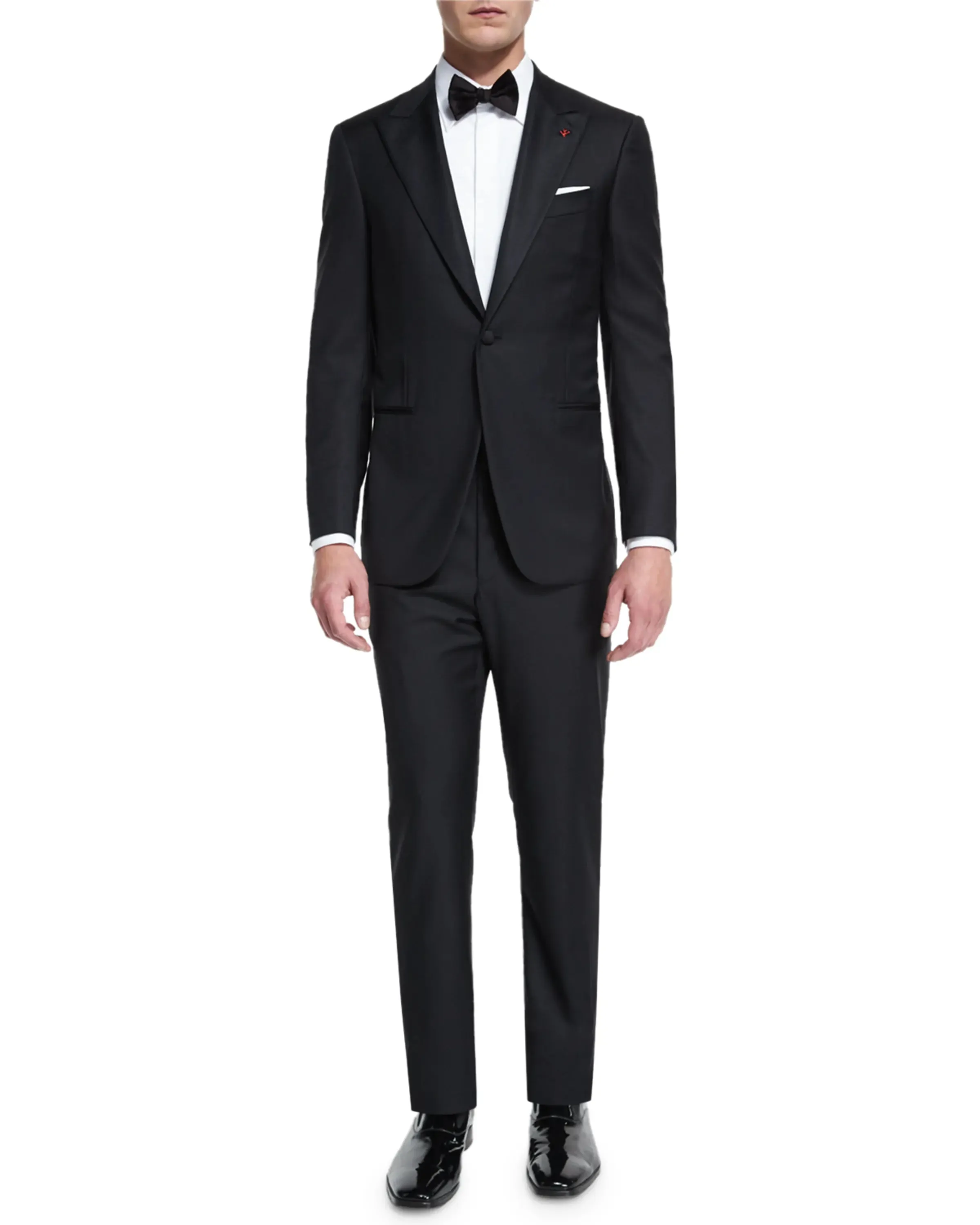 $4,595 ISAIA - "AQUASPIDER" Satin PEAK LAPEL Black Wool Tuxedo - 44L