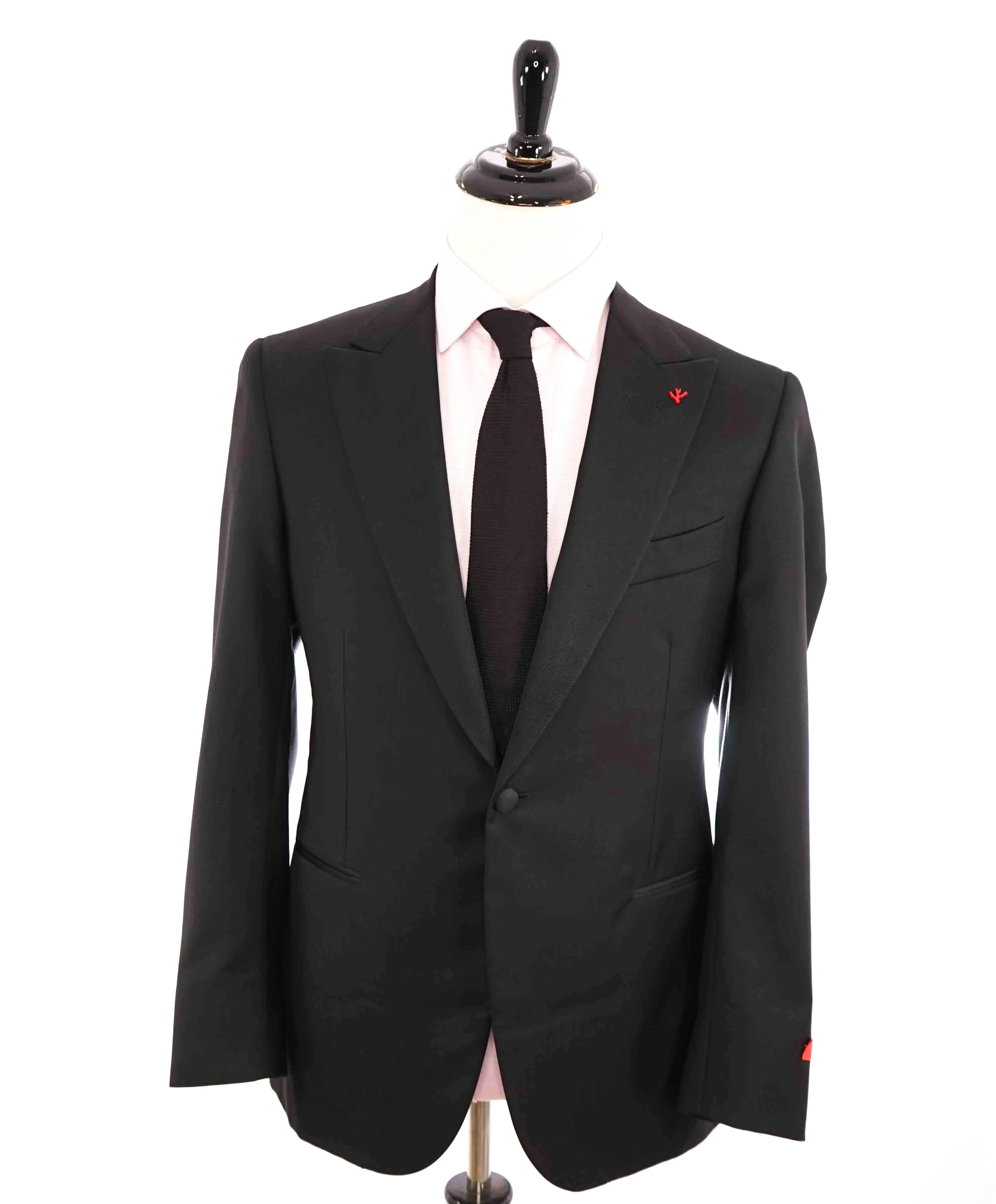 $4,595 ISAIA - "AQUASPIDER" Satin PEAK LAPEL Black Wool Tuxedo - 44L