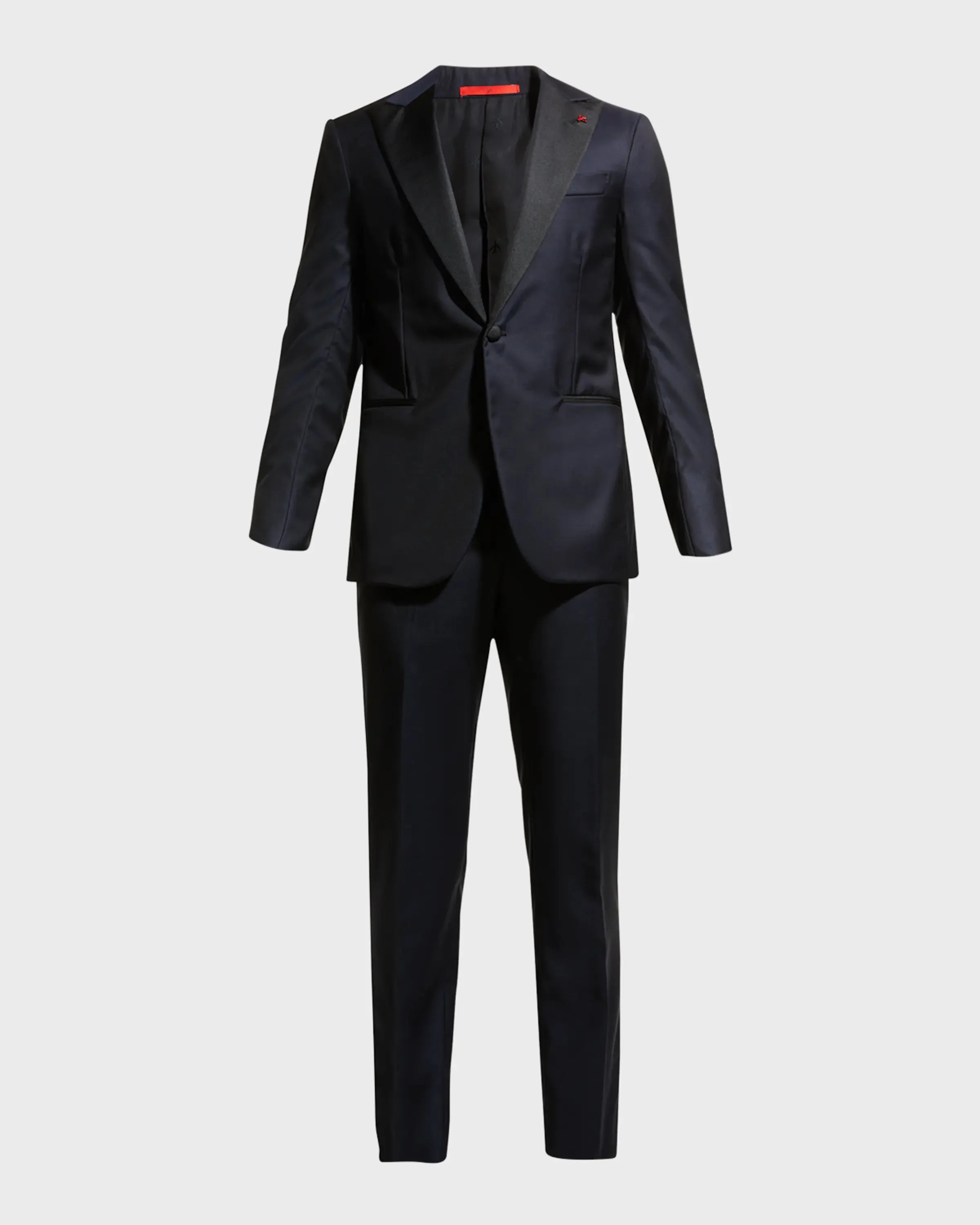 $4,595 ISAIA - "AQUASPIDER" Satin PEAK LAPEL Navy Blue Wool Tuxedo - 44L