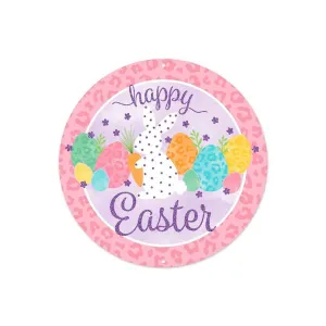 8" Diameter Glitter/Leopard Happy Easter Metal Sign - MD0950