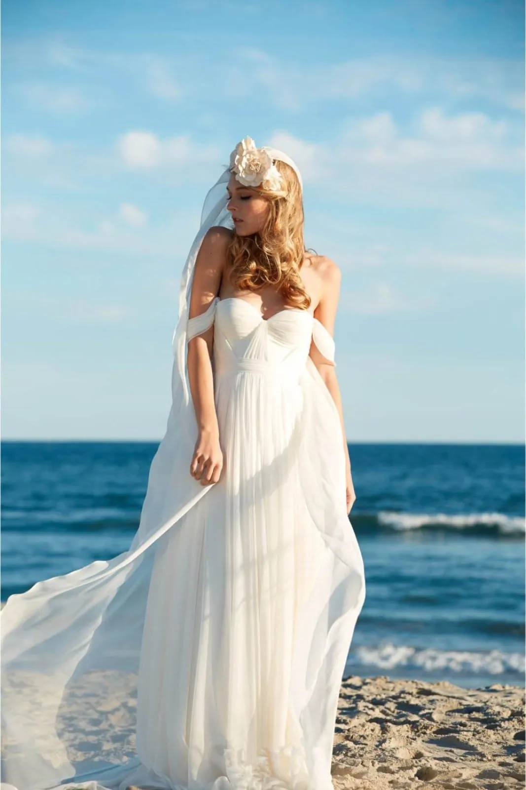 A-line Ivory Chiffon Off Shoulder Wedding Party Dress