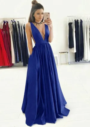 A-line Plunging Sleeveless Floor-Length Charmeuse Royal Blue Prom Dress