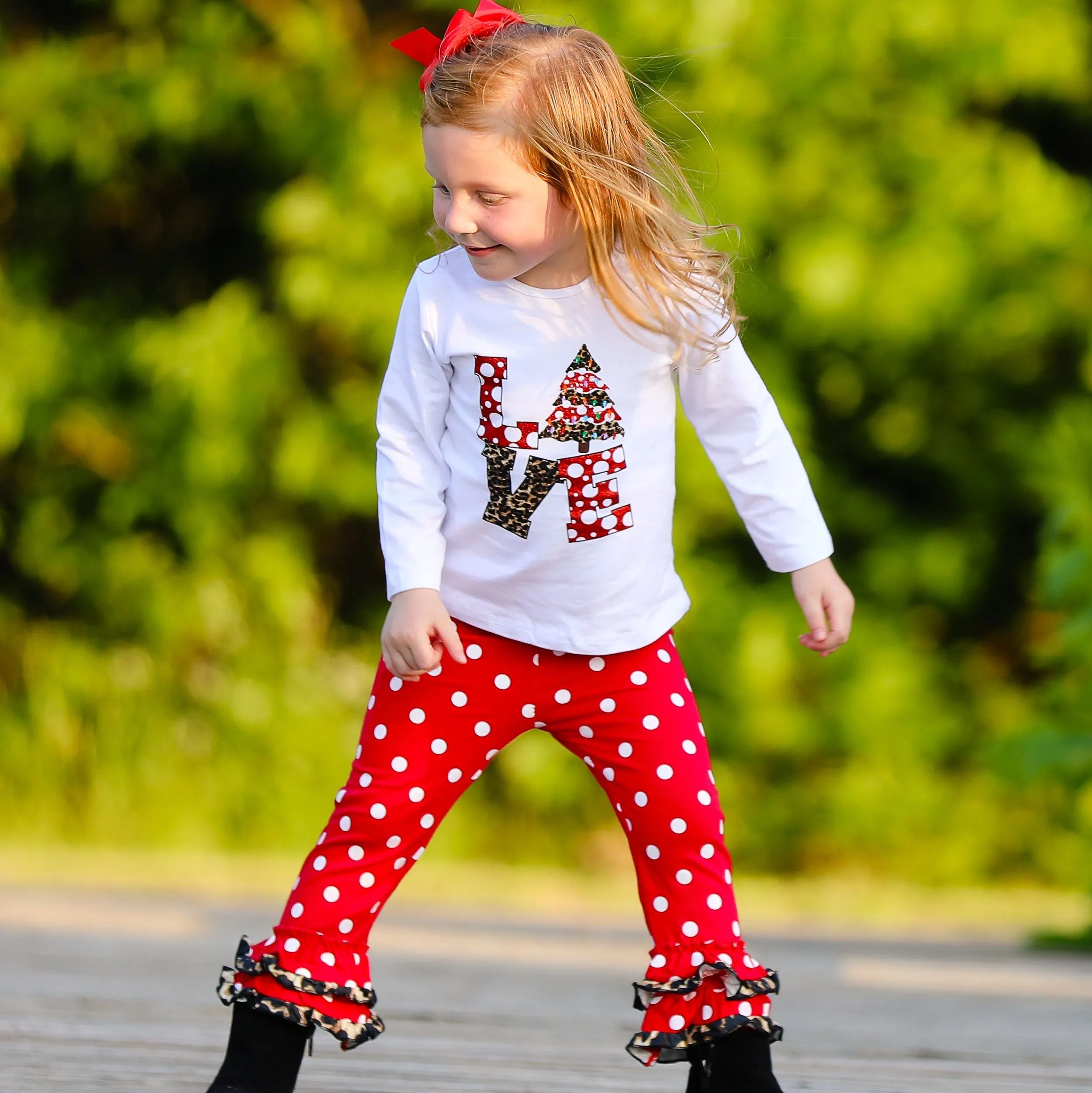AL Limited Girls LOVE Christmas Top & Red Polka Dot Ruffle Pants Set