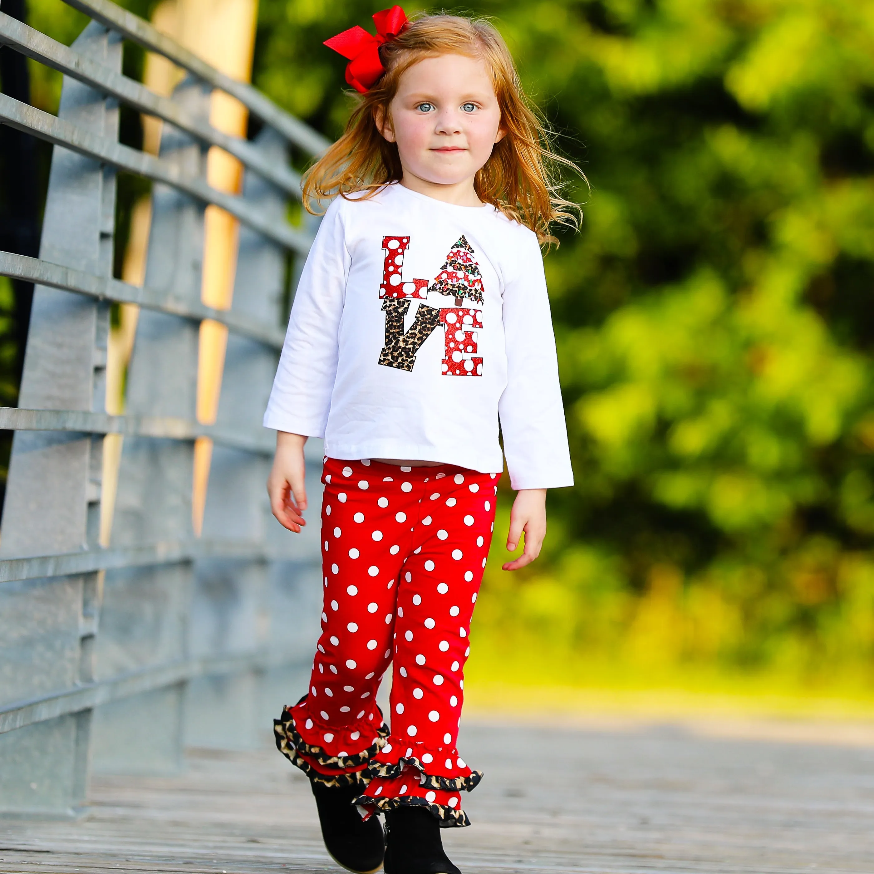AL Limited Girls LOVE Christmas Top & Red Polka Dot Ruffle Pants Set