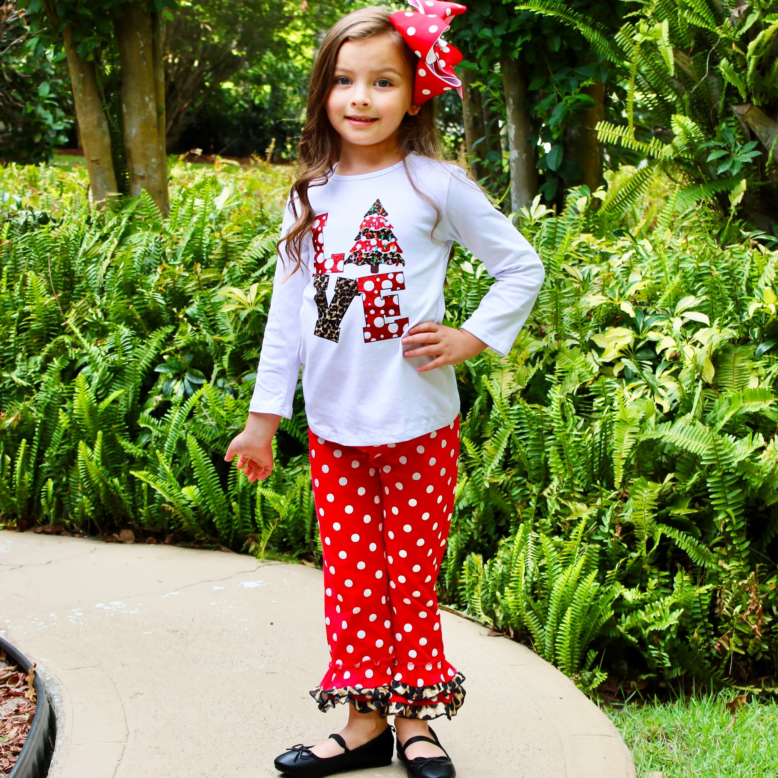 AL Limited Girls LOVE Christmas Top & Red Polka Dot Ruffle Pants Set