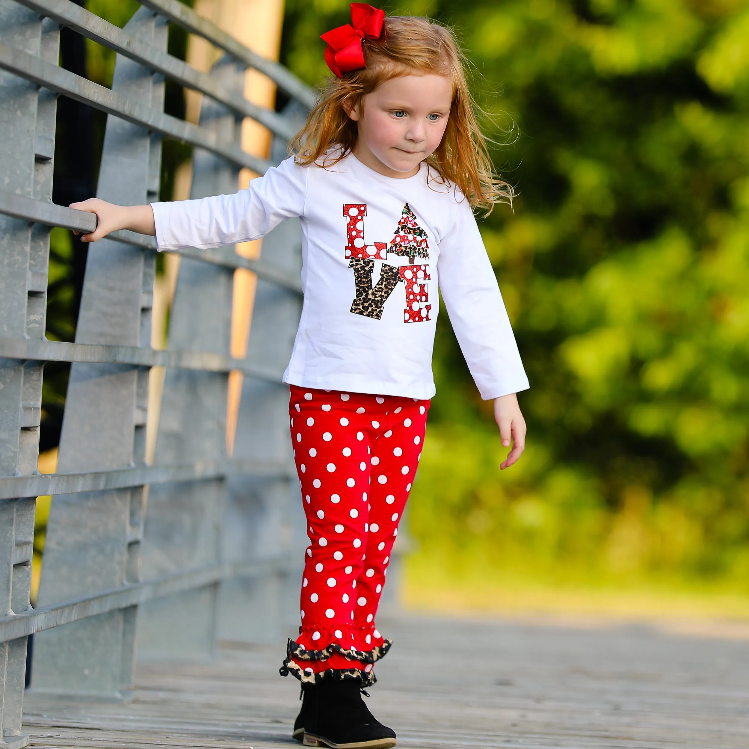 AL Limited Girls LOVE Christmas Top & Red Polka Dot Ruffle Pants Set