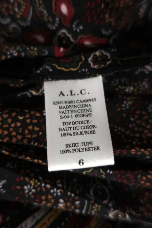 A.L.C. Maxi Dress Katia Black/Multi Scarf Print Pleated Silk Size 6