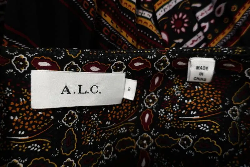 A.L.C. Maxi Dress Katia Black/Multi Scarf Print Pleated Silk Size 6