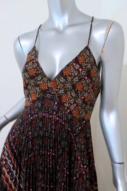 A.L.C. Maxi Dress Katia Black/Multi Scarf Print Pleated Silk Size 6