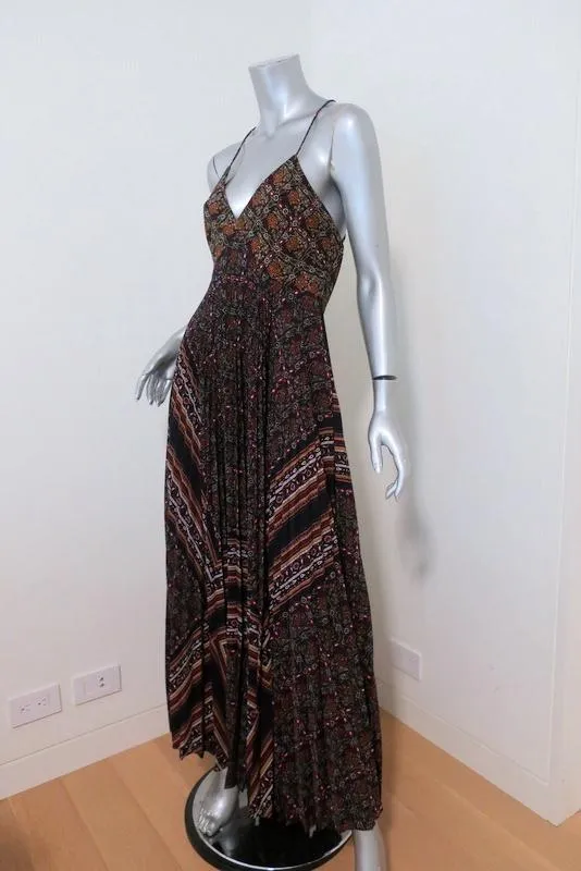 A.L.C. Maxi Dress Katia Black/Multi Scarf Print Pleated Silk Size 6