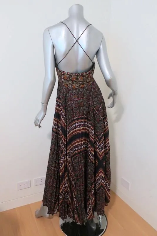 A.L.C. Maxi Dress Katia Black/Multi Scarf Print Pleated Silk Size 6