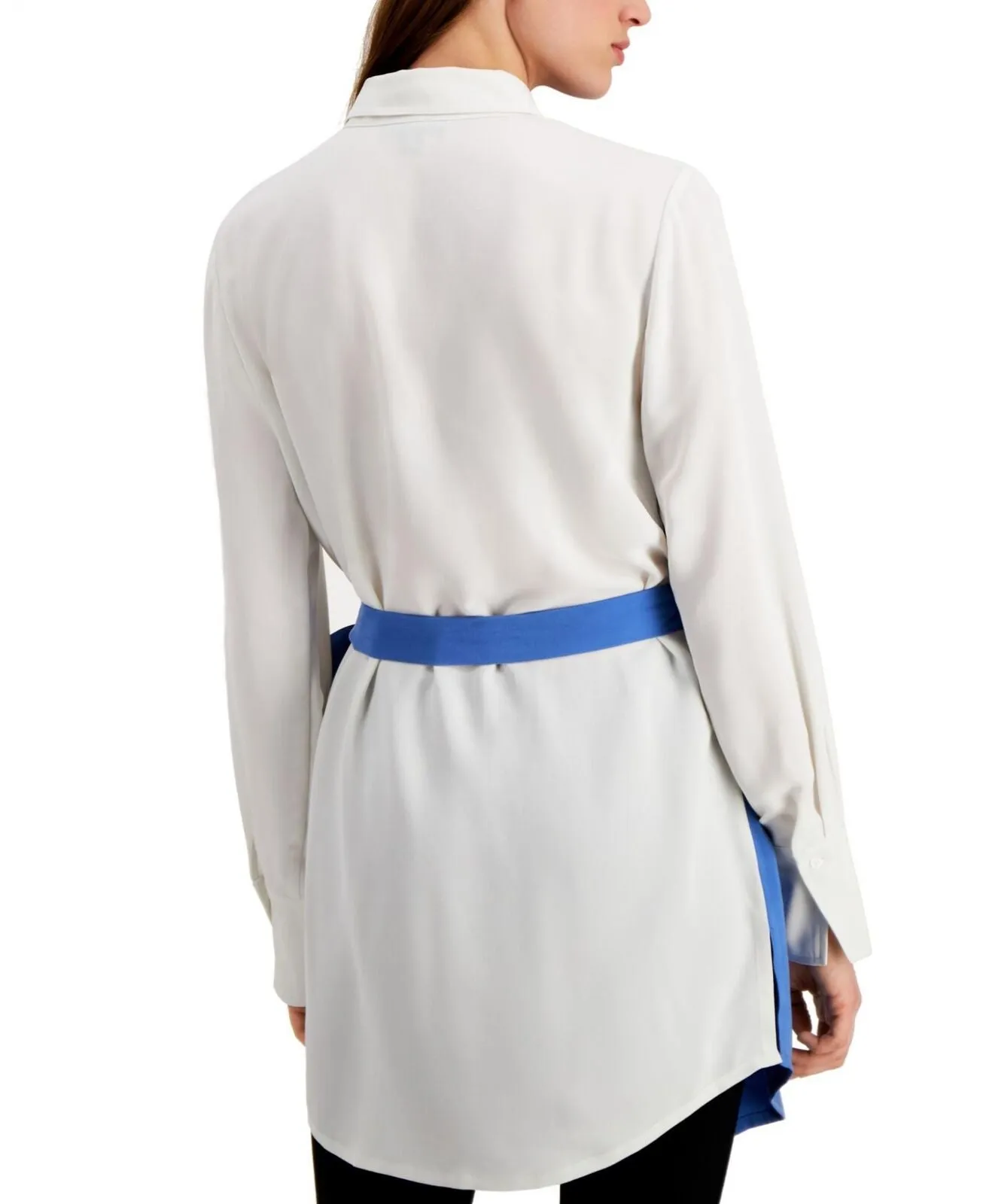 Alfani Womens Belted Colorblocked Tunic Shirt Top 100088065MS Blue / White L