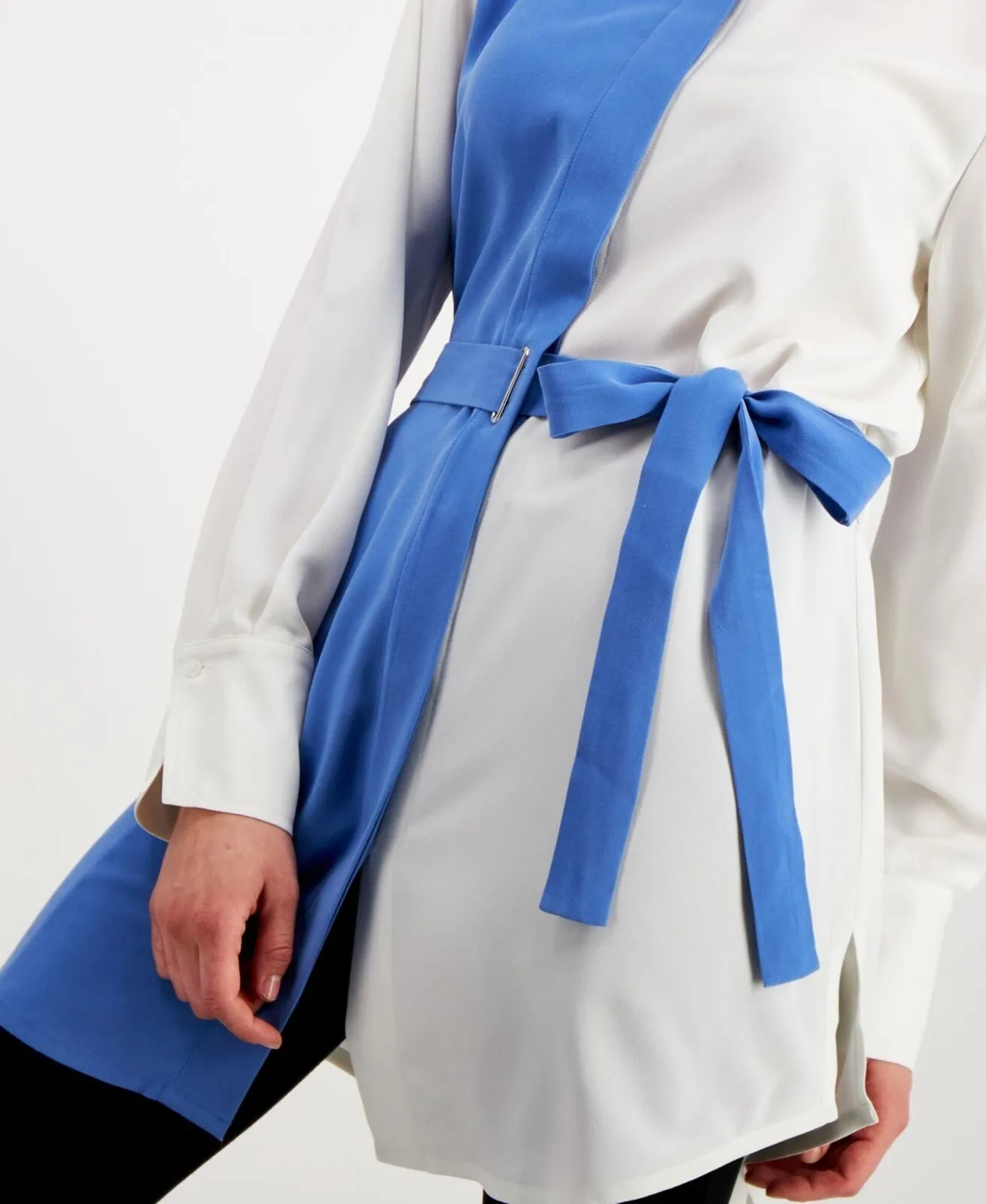 Alfani Womens Belted Colorblocked Tunic Shirt Top 100088065MS Blue / White L