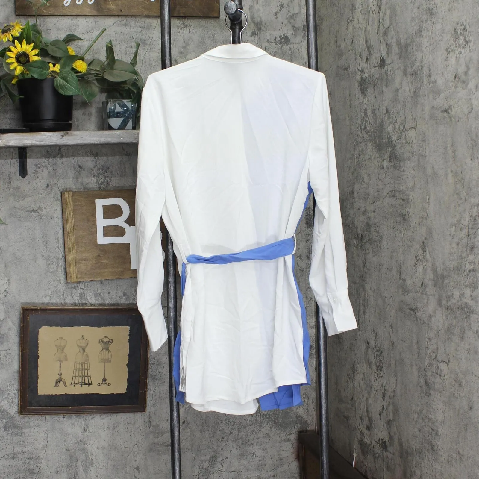 Alfani Womens Belted Colorblocked Tunic Shirt Top 100088065MS Blue / White L