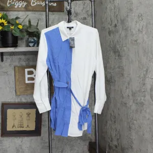 Alfani Womens Belted Colorblocked Tunic Shirt Top 100088065MS Blue / White L