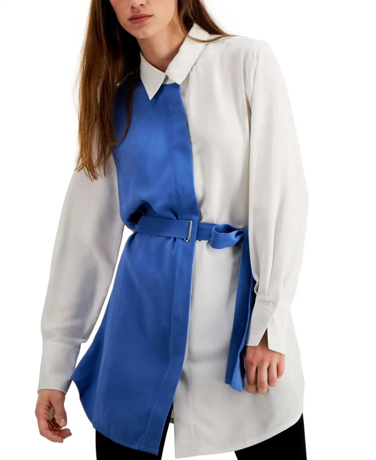 Alfani Womens Belted Colorblocked Tunic Shirt Top 100088065MS Blue / White L