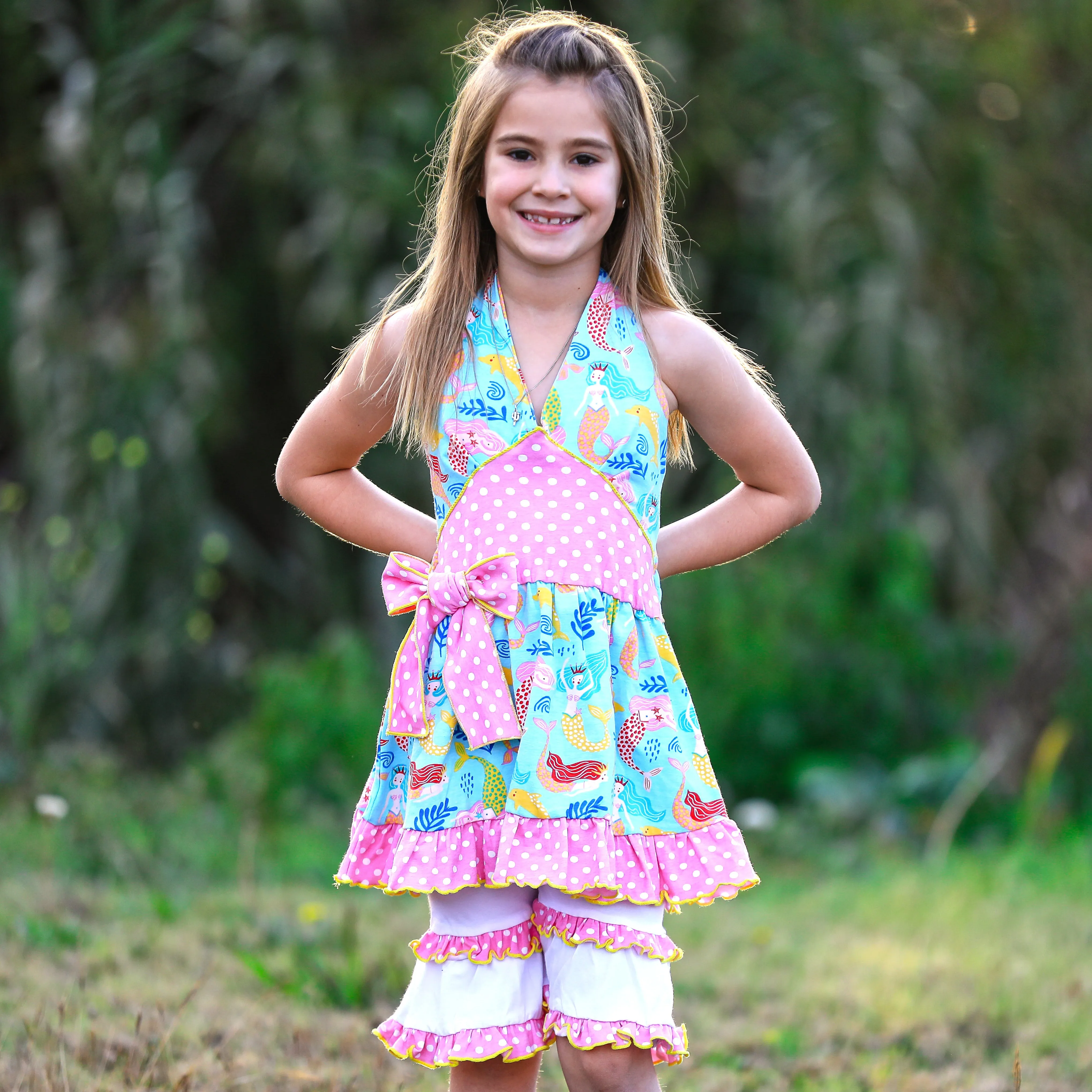 AnnLoren Girls Mermaid Halter Dress & White Ruffle Shorts Boutique Set