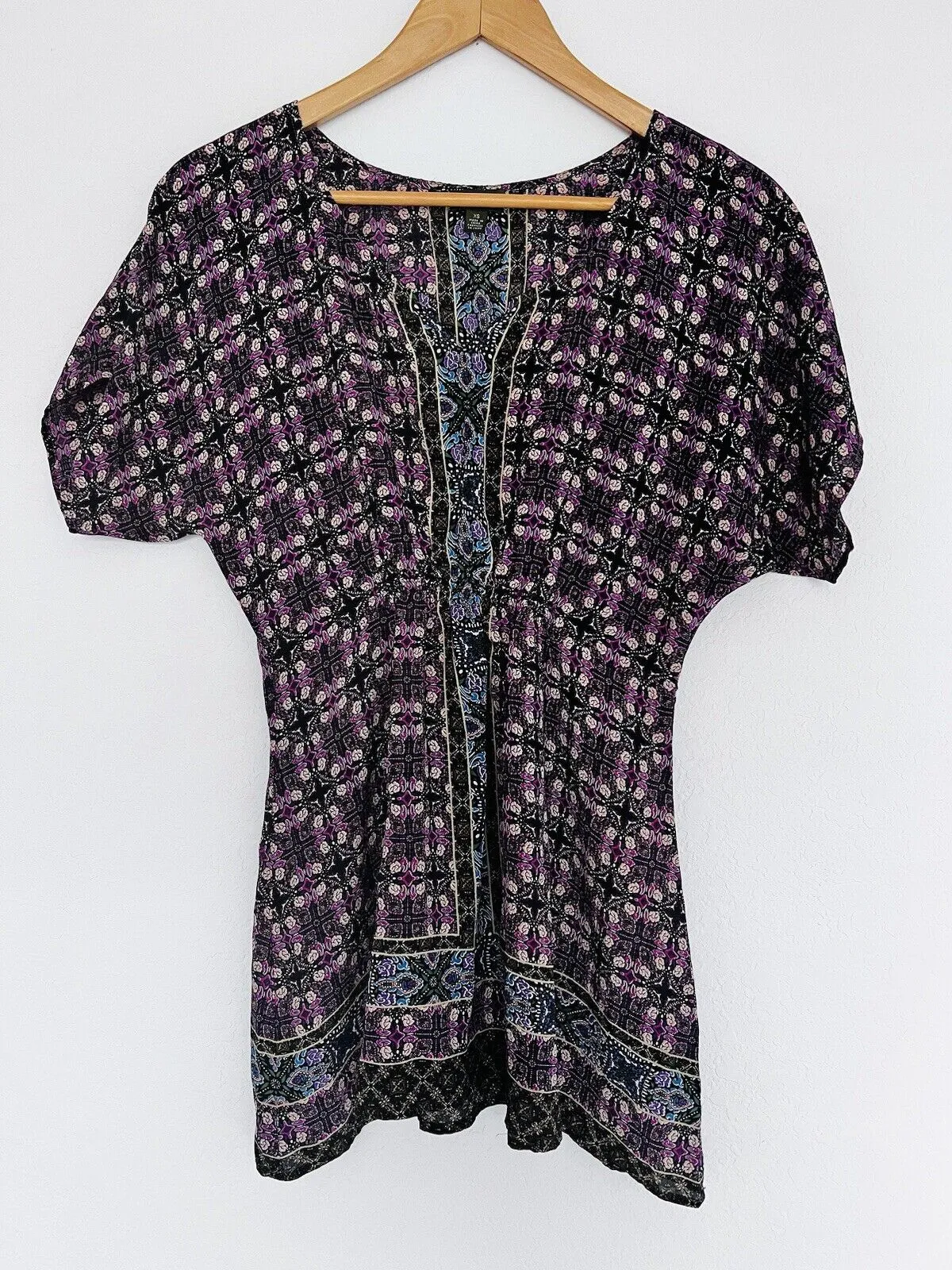 ANTHROPOLOGIE Fei 100% Silk Tunic Top Sz XS Dolman Geometric V-Neck Blouse