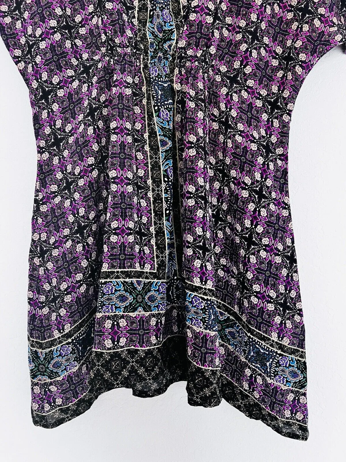 ANTHROPOLOGIE Fei 100% Silk Tunic Top Sz XS Dolman Geometric V-Neck Blouse
