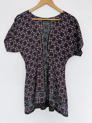 ANTHROPOLOGIE Fei 100% Silk Tunic Top Sz XS Dolman Geometric V-Neck Blouse