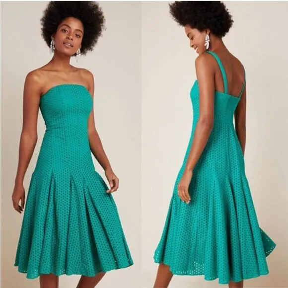 Anthropologie Maeve Cotton Eyelet Pleated Midi Women’s Green Dress size 14.