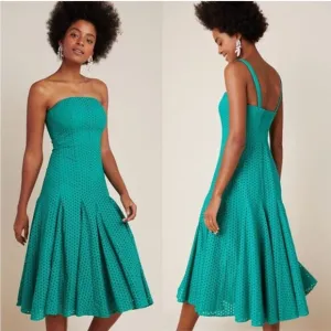 Anthropologie Maeve Cotton Eyelet Pleated Midi Women’s Green Dress size 14.