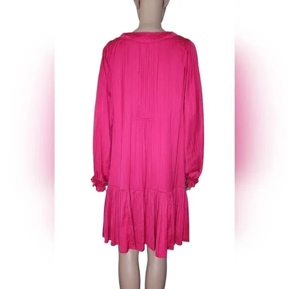 Anthropologie women's Hot pink v - neck long sleeve tiered casual dress Sz small