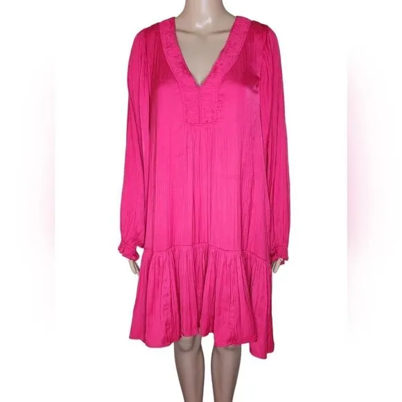 Anthropologie women's Hot pink v - neck long sleeve tiered casual dress Sz small
