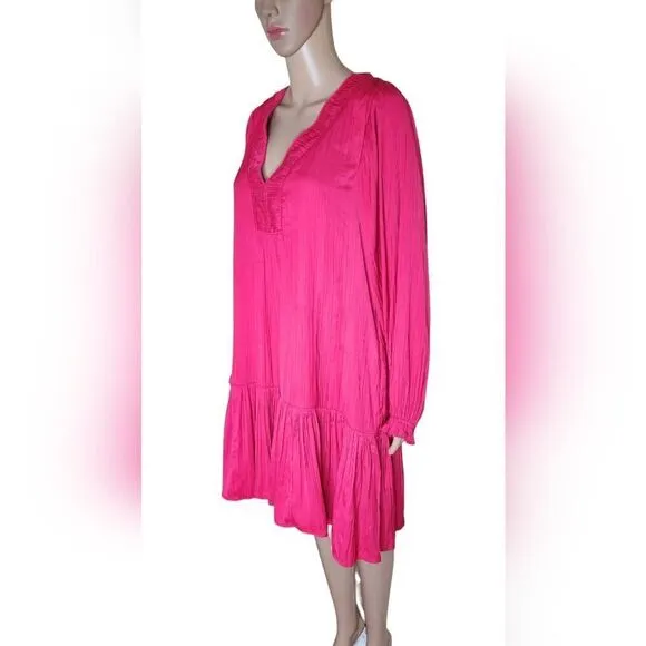 Anthropologie women's Hot pink v - neck long sleeve tiered casual dress Sz small