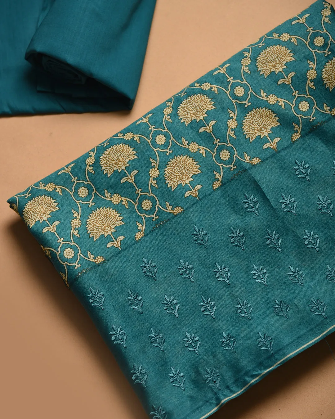 Aqua Green Chanderi Printed With Embroidery Unstitched Suit Fabric Set With Chanderi Printed Dupatta