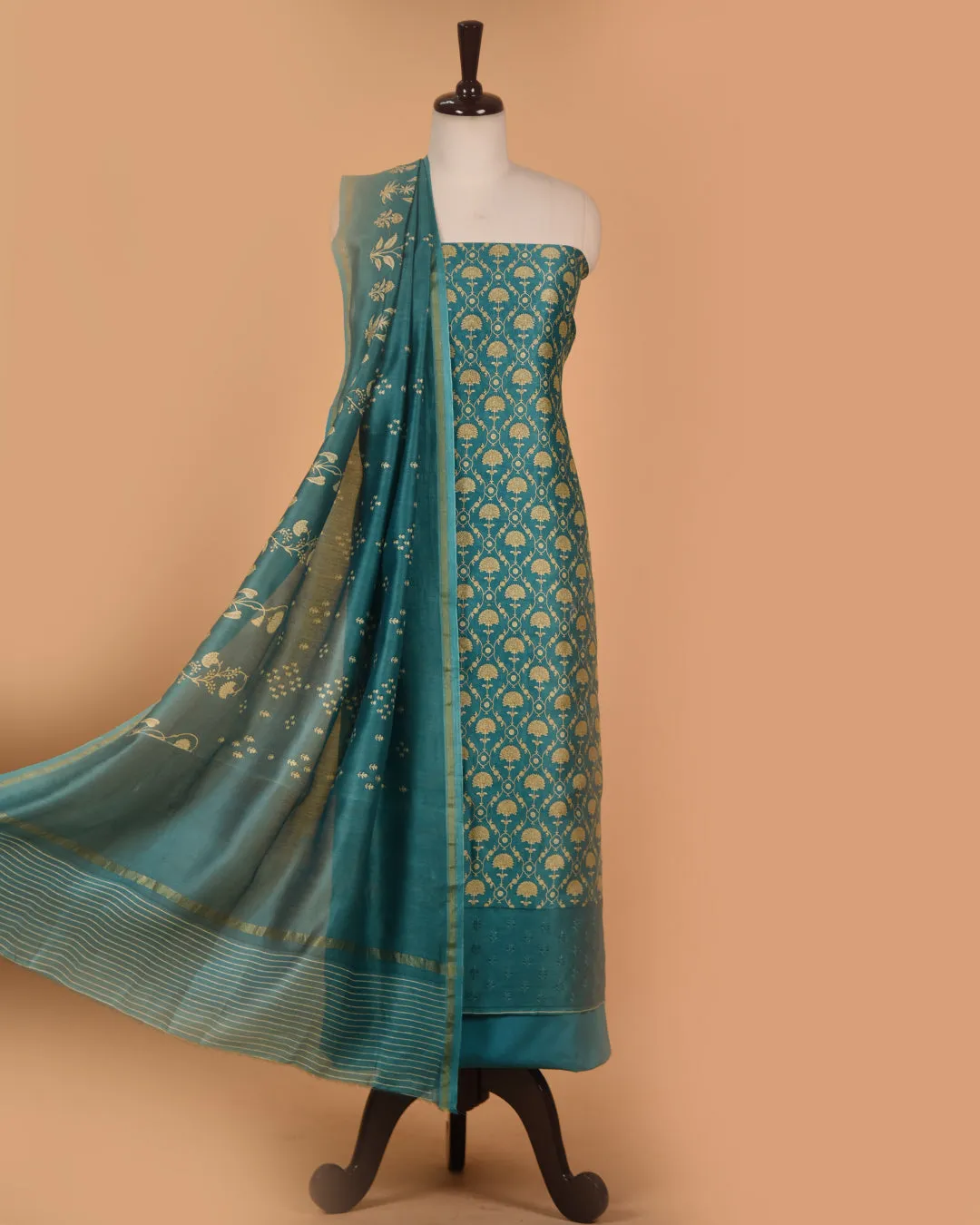 Aqua Green Chanderi Printed With Embroidery Unstitched Suit Fabric Set With Chanderi Printed Dupatta