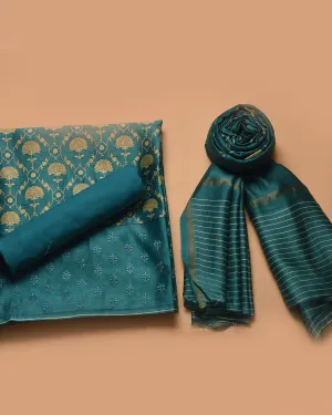 Aqua Green Chanderi Printed With Embroidery Unstitched Suit Fabric Set With Chanderi Printed Dupatta